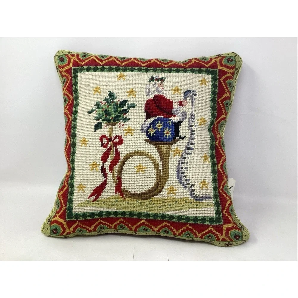 Wool Needlepoint Santa Pillow Velvet Back Square With Border 13.5